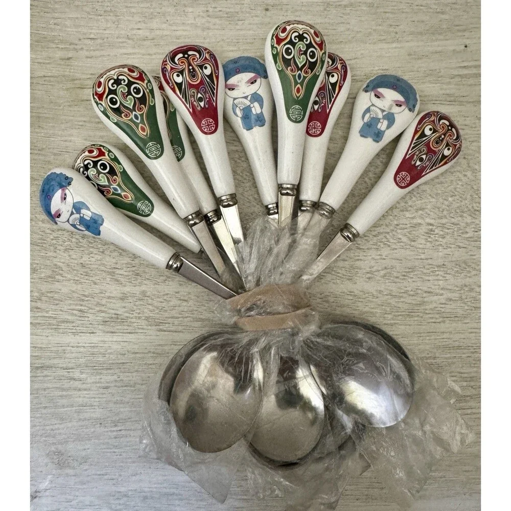 Vintage Chinese Opera Mask Spoons Set 10pc Ceramic Handle Stainless Steel NOS